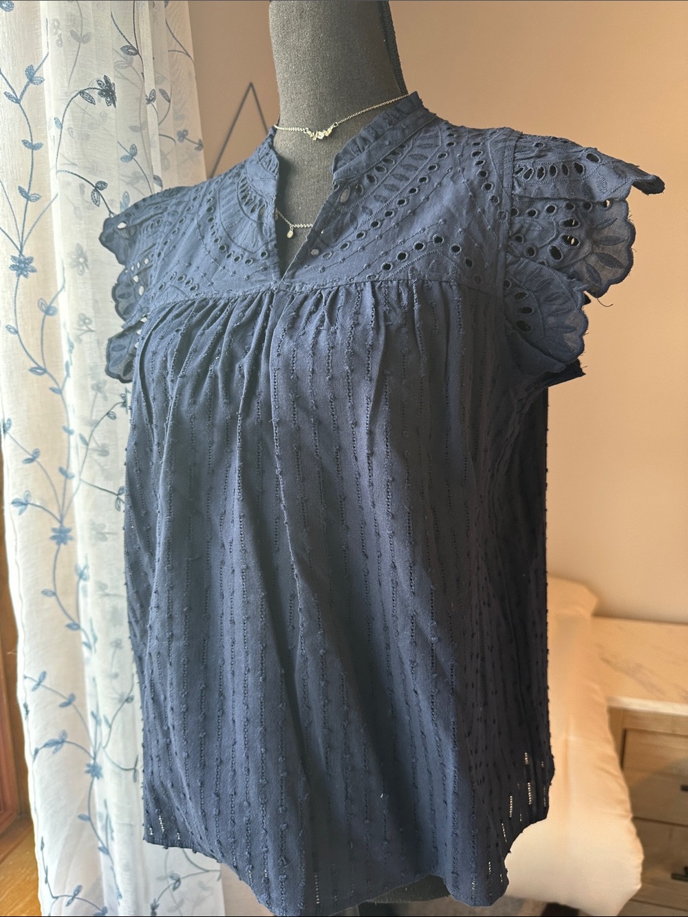 Daniel Rainn Navy Eyelet Cap-Sleeve Blouse